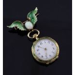 A lady's early 20th century Swiss 18ct gold, green guilloche enamel and diamond set fob watch,