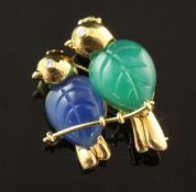 A 1990's Cartier 18ct gold, diamond and two colour chalcedony brooch, modelled as two birds