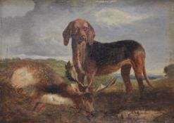 Circle of William Woodhouse (1857-1939)oil on card,Hound beside a fallen stag,6 x 8in.