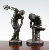 Two late 19th century patinated bronze figures, both after the antique, one of Discobolus or