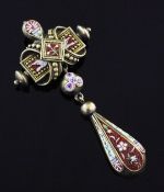 A Victorian gold and micro mosaic drop pendant, with cruciform motif and pear shaped drop, decorated