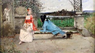 Auguste Emile Pinchart (1842-1920)oil on canvas,Lovers on a terrace, a town beyond,signed,13 x