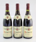 Three bottles of Hermitage 1983, Domaine Jean-Louis Chave, high fills, one damp-soiled label.