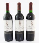 Three bottles of Chateau Latour 1990, Premier Cru Classe, Pauillac, one high neck, one into neck,