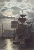 James Thomas Watts (1853-1930)watercolour,Shipping in harbour under moonlight,signed,13.5 x 9.5in.