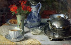 William Savage Cooper (fl.1880-1926)oil on board,Tea table still life,signed and dated 1923,11.5 x