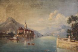 Late 19th century English Schooloil on canvas,Italian lake scene,13 x 19in., unframed