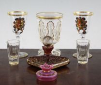 A group of Bohemian glass, 19th / 20th century, to include a white and clear overlaid glass goblet