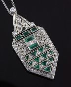 A 1930's/1940's Art Deco white gold, emerald and diamond pendant, of rectangular form with