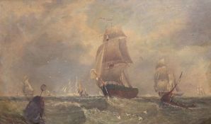 A. Hulkoil on canvas,Shipping at sea,bears signature,18 x 30in.