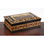 A 19th century rectangular Tunbridge ware box, the lid decorated with a view of Herstmonceux Castle,