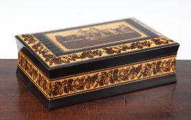 A 19th century rectangular Tunbridge ware box, the lid decorated with a view of Herstmonceux Castle,
