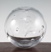 Vicke Lindstrand for Orrefors. A globular glass vase, c.1939, wheel engraved with a figure of a