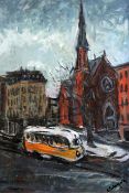 Alex Tschernjawski (American, b.1933)oil on canvas,Street scene with trolley bus,signed,26 x 18in.