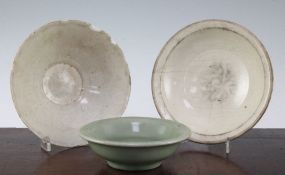A Ding ware dish, a Yingqing bowl and a Longquan celadon dish, 12th - 15th century, the Ding ware