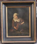 19th century Flemish Schooloil on canvas,Portrait of a girl cleaning a copper pan,10 x 8in.