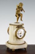 An early 20th century French ormolu mounted alabaster timepiece, surmounted with a figure of a