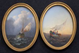 Circle of Girolamo Gianni (1837-1895)pair of oils on card,Maltese fishing boats off the coast,ovals,