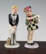 Two Goldscheider pottery figures, 1940/50's, the first of a boy with a case and top hat and tails by