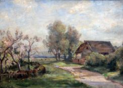 James Herbert Snell (1861-1935)oil on canvas,Kentish barns,signed and inscribed verso,14 x 20in.