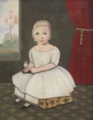 American Schooloil on board,Naive portrait of a child holding a chick,13 x 10.5in.