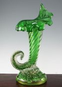 A large Murano green and clear cased glass cornucopia, first half 20th century, with aventurine gold