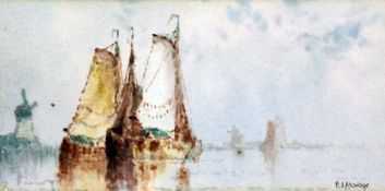 Frederick James Aldridge (1850-1933)watercolour,Fishing boats off the Dutch coast,signed,3.5 x 7in.