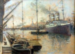 § Alessandro Viazzi (1872-1956),oil on board,Port scene with steam ship and barges in the