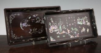 Two Chinese rosewood and mother of pearl inlaid rectangular trays, late 19th century, both decorated