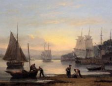 Thomas Luny (1759-1837)oil on wooden panel,Harbour scene at sunset,signed and dated 1836,10 x 13in.