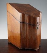 A George III fruitwood serpentine shaped knife box, with fitted interior, 9in.
