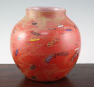 A rare and early Monart red and millefiori glass vase, c.1924, shape A, colour code 4, the mottled