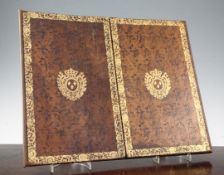 A French gilt tooled and brown leather double folding desk blotter, with retailers box for