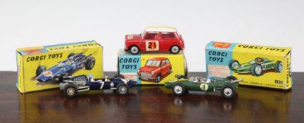 Corgi toys 333, 1966 RAC rally BMC Mini Cooper, with box, together with Corgi 155, Lotus Climax