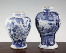 Two Delft blue and white vases, late 18th century, the first of hexagonal baluster shape painted