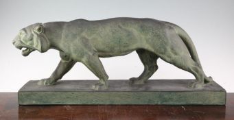 A French Art Deco painted terracotta figure of a panther, on rectangular plinth base, signed H.