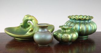 Four Zsolnay Eosin lustre vessels, 20th century, comprising an oblong basket with lizard handle,