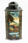 An 18th century painted bowfront hanging corner cupboard, the door decorated with lovers and cupids,