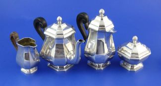 A late 19th/early 20th century French 950 standard silver four piece batchelor's tea and coffee set,