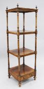 A Victorian rosewood four tier whatnot, with turned uprights and single base drawer, W.1ft 6in.