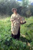 Percy Tarrant (1879-1930)watercolour,Woman carrying a basket in a meadow,monogrammed,14.5 x 9.5in.