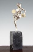 An Art Deco silvered bronze figure of a nude female dancer, with ivory cymbals, the square sectioned