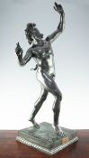 After the antique. A modern green patinated bronze model of a dancing faun, on square plinth base