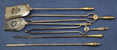 A set of three 19th century steel fire implements, with copper plated finials, together with three