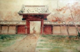 Bunsai Loki (1863-1906)pencil and watercolour,Temple garden, Nikko,signed,13 x 19.5in.