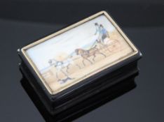 A 19th century rectangular tortoiseshell snuff box, painted with a coaching scene to the lid, 3in.