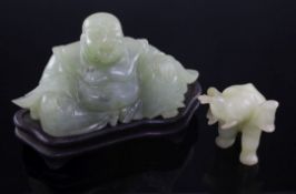 Two Chinese bowenite jade figure of Budai and an elephant, 20th century, 14cm and 9cm, Budai with