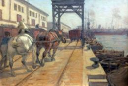 § Alessandro Viazzi (1872-1956)oil on board,Harbour scene with horses hauling wagons,signed,11.25