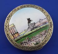 A 20th century Latvian 875 standard silver gilt and enamel circular compact, the lid decorated