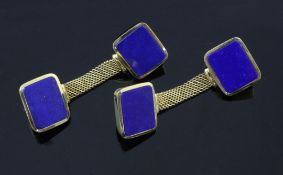 A pair of 1950's 18ct gold and lapis lazuli set cufflinks, with rectangular stones and chain mesh